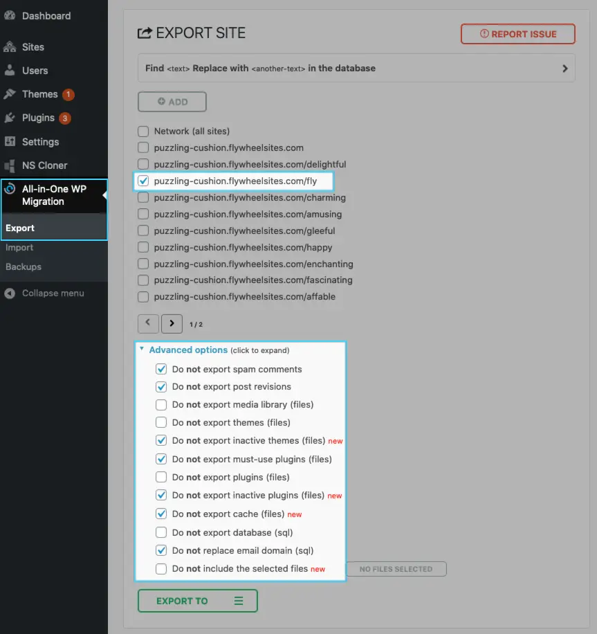 all in one multisite extension export process