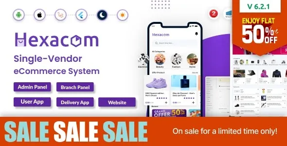 Hexacom (v7.2) single vendor eCommerce App with Website, Admin Panel and Delivery boy app Free Download